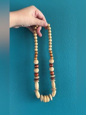 Natural Chunky Wood Bead Statement Necklace Princess Length – Earth Tones